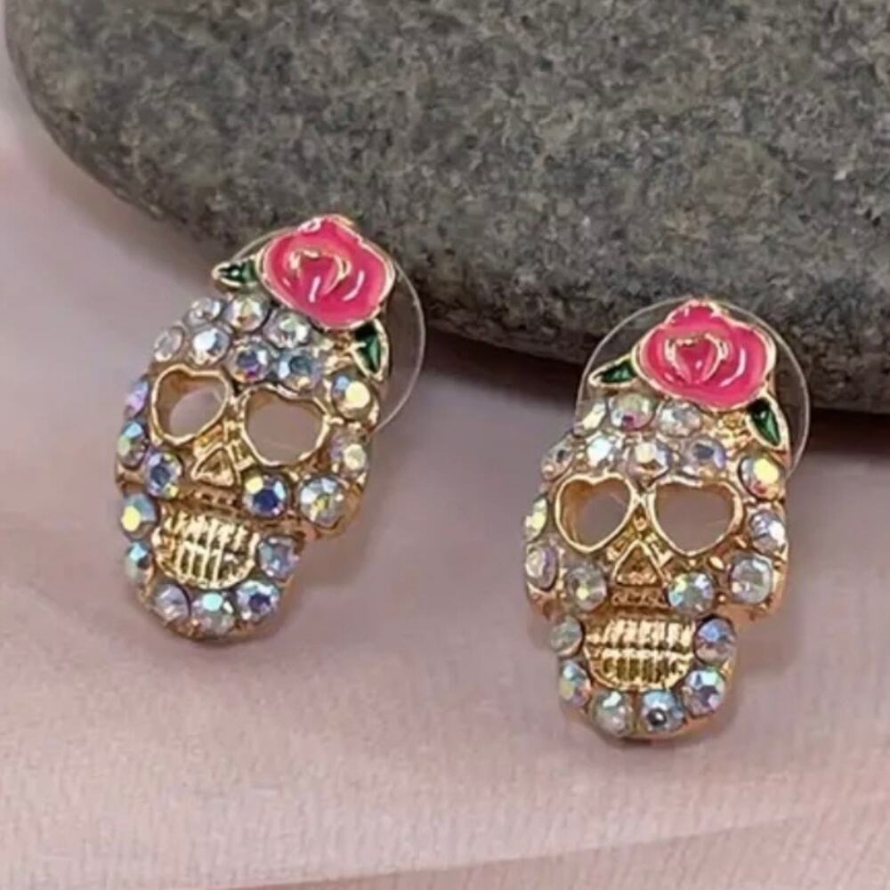 Skull Earrings Gold Tone Pink Rose Rhinestone Stud Gothic Punk Halloween